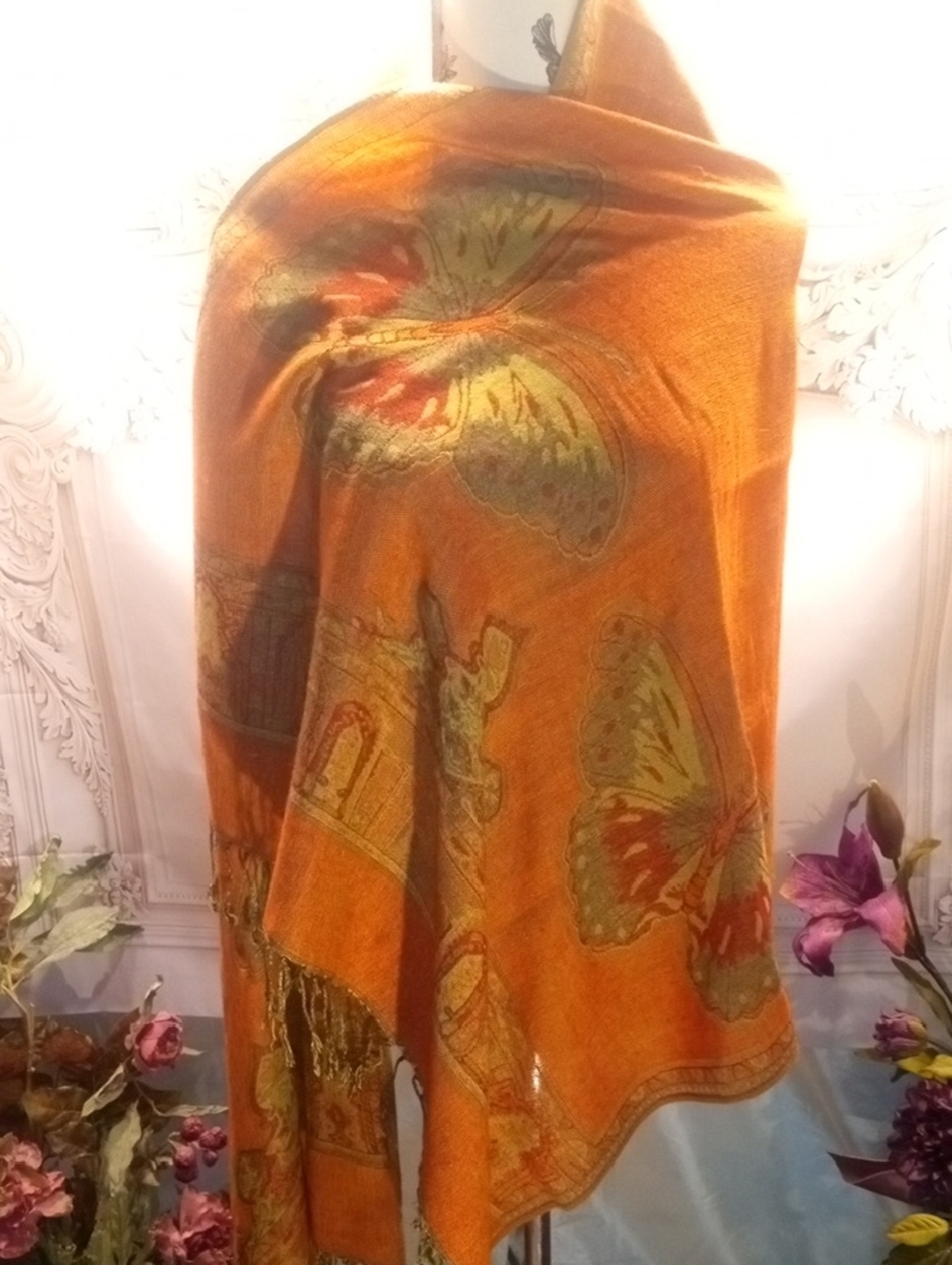 pashmina Orange and Gold Woven Shawl
